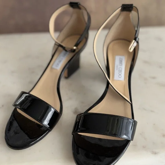 JIMMY CHOO Black patent leather low wedge heel sandals ankle strap